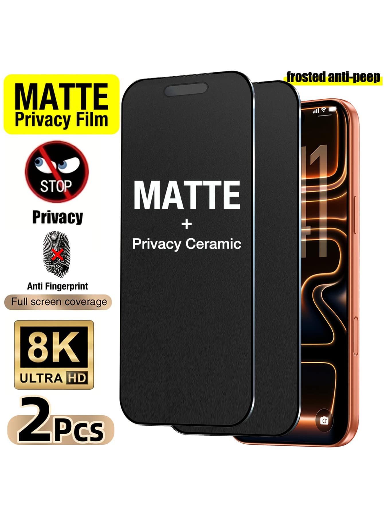 Bộ 2 miếng dán màn hình gốm mờ bảo mật riêng tư cho iPhone 17/Air/17 Pro/17 Pro Max/16 Pro Max/15 Pro Max/14 Pro Max/13, chống nhìn trộm, chống bám vân tay, bảo vệ toàn màn hình, quà tặng mùa xuân. - 2 cái - Xem 1