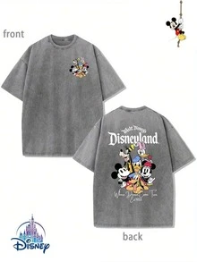 Disney Mickey Mouse Family Double-Sided Graphic Summer T-Shirt, Distressed Finish, One-Piece Design, Pure Cotton Fabric, Comfortable And Breathable, Casual Outdoor Street Style, Crew Neck; High-Quality Fashion Brand, Suitable For Everyday Wear, Shopping, Parties And Gatherings. It Is Also Great For Everyday Wear And As A Gift. - 灰色 - 查看 1