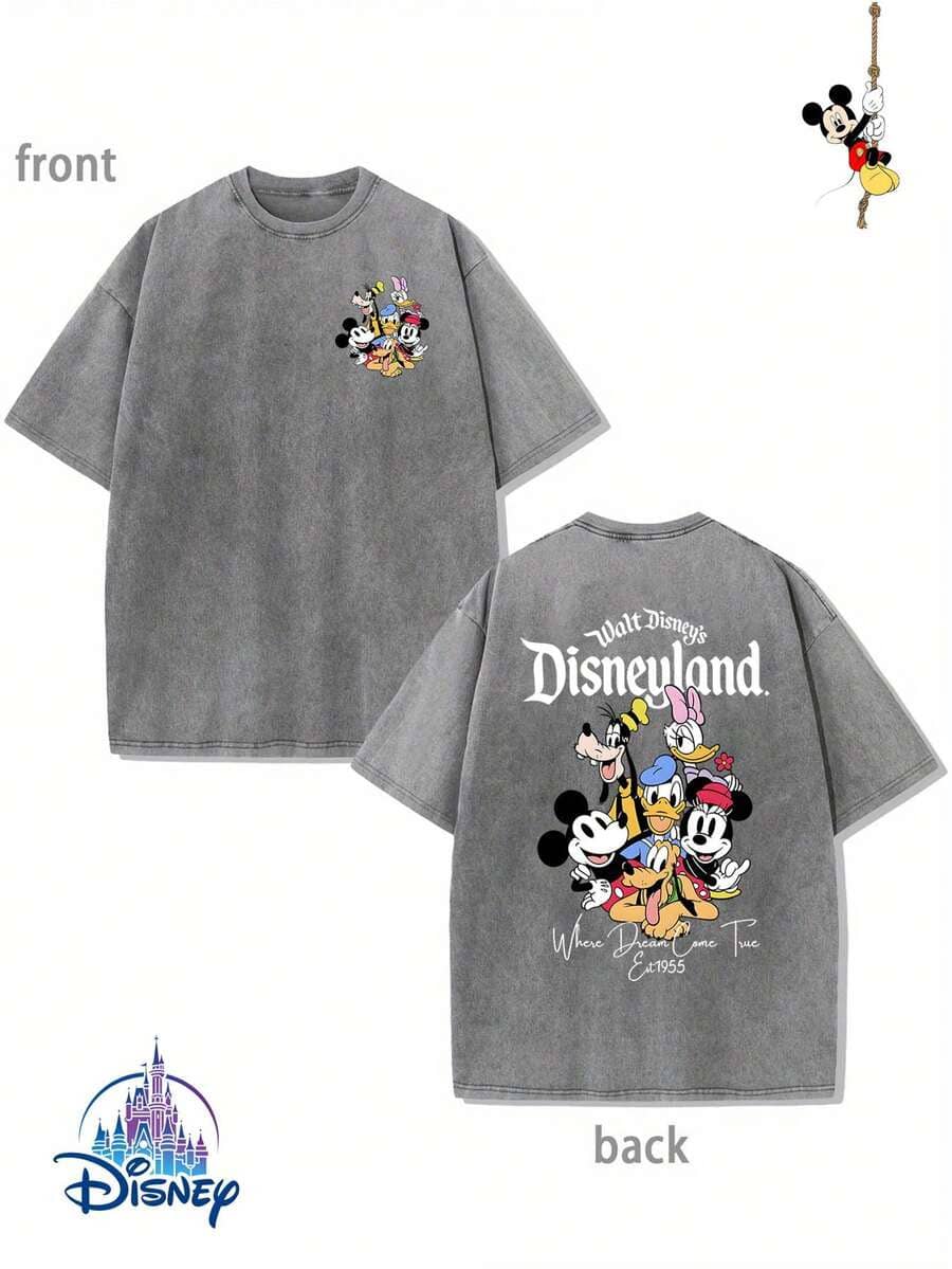 Disney Mickey Mouse Family Double-Sided Graphic Summer T-Shirt, Distressed Finish, One-Piece Design, Pure Cotton Fabric, Comfortable And Breathable, Casual Outdoor Street Style, Crew Neck; High-Quality Fashion Brand, Suitable For Everyday Wear, Shopping, Parties And Gatherings. It Is Also Great For Everyday Wear And As A Gift. - 灰色 - 查看 1