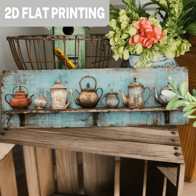 Vintage Teapot Series Iron Wall Art, 2D Flat Design, Rustic Style Decor, Distressed Turquoise Finish, Handmade Iron Hanging Plaque, 4x16 Inches, Suitable For Kitchen & Dining Room