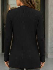 Women's Open Ribbed Cardigan, Basic, Elegant, Casual, Winter, Cold Weather, Knit Cardigan - 黑色 - 查看 5