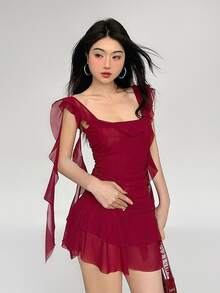 Vestido Rojo Sin Mangas Con Cuello Halter Y Ribete De Volantes De Primavera - Rojo - Ver 2