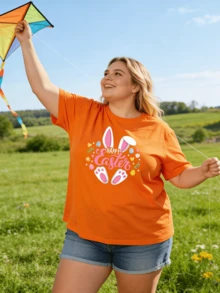 Plus Size Women's Happy Easter Bunny Easter Egg Hunt Squad Easter Family Graphic Casual Shortsleeve Crew Neck Top, Relaxed Fit Crew Neck Plus Size Tee, Comfortable Fit For Spring And Summer, Women's Tshirt, Machine Washable Tshirt, Comfortable Fit - 橘色 - 查看 3