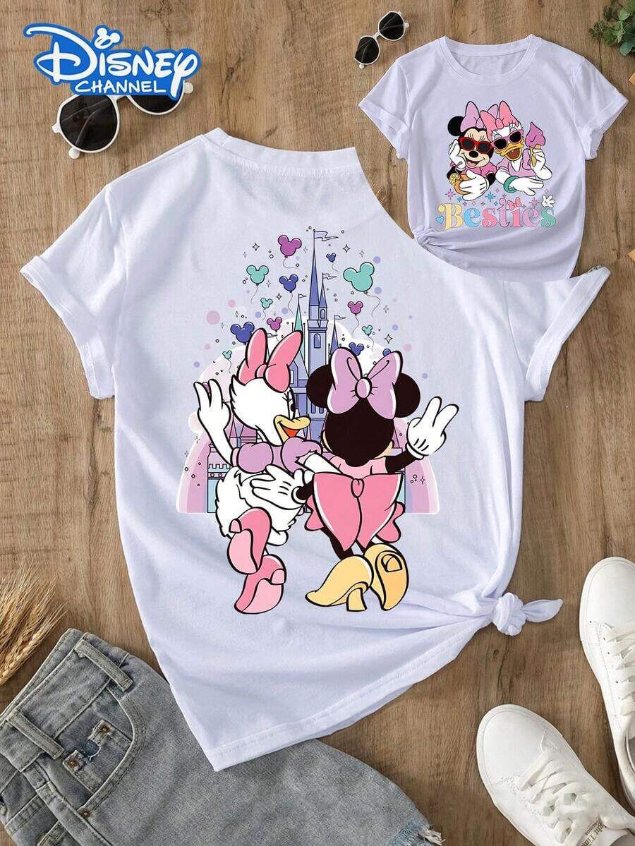 Disney, Minnie Mouse And Best Friend Summer T-Shirts, Distressed Effect, One-Piece Design, Pure Cotton Fabric, Comfortable And Breathable, Casual Outdoor Street Style, Crew Neck; High-Quality Fashion Brand, The Ideal Surprise Gift For Family And Friends. - 白色 - 查看 1