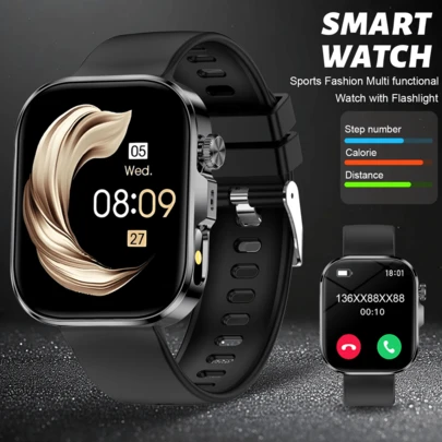 Versión actualizada con función de linterna, elegante y de moda, reloj inteligente deportivo de apariencia única, compatible con llamadas inalámbricas, control de música, disparo remoto, notificación de información, linterna lateral. Múltiples modos deportivos, adecuado como regalo de vacaciones para hombres y mujeres