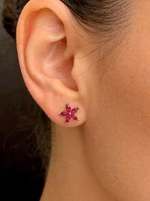 1 Pair S925 Sterling Silver Synthetic Zirconia Fuchsia Five-Petal Flower Stud Earrings, Elegant & Graceful Daily Wear Quality Jewelry For Women - Silver - View 9