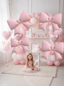 7/13件組粉色蝴蝶結氣球與格紋愛心鋁箔氣球套組，生日裝飾粉色格紋愛心氣球蝴蝶結，生日單身女孩嬰兒洗禮性別揭曉派對裝飾 - 彩色 - 查看 2