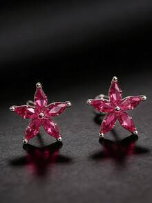 1 Pair S925 Sterling Silver Synthetic Zirconia Fuchsia Five-Petal Flower Stud Earrings, Elegant & Graceful Daily Wear Quality Jewelry For Women - Silver - View 3