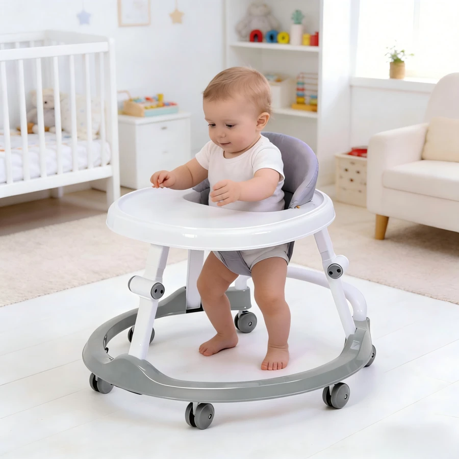 CHIQUERID Multifunctional Baby Walker With Wheels | Foldable Anti-Rollover Toddler Activity Center With Removable Toy Bar & Adjustable Height For Boys Girls 6-18 Months - 灰色 - 查看 1