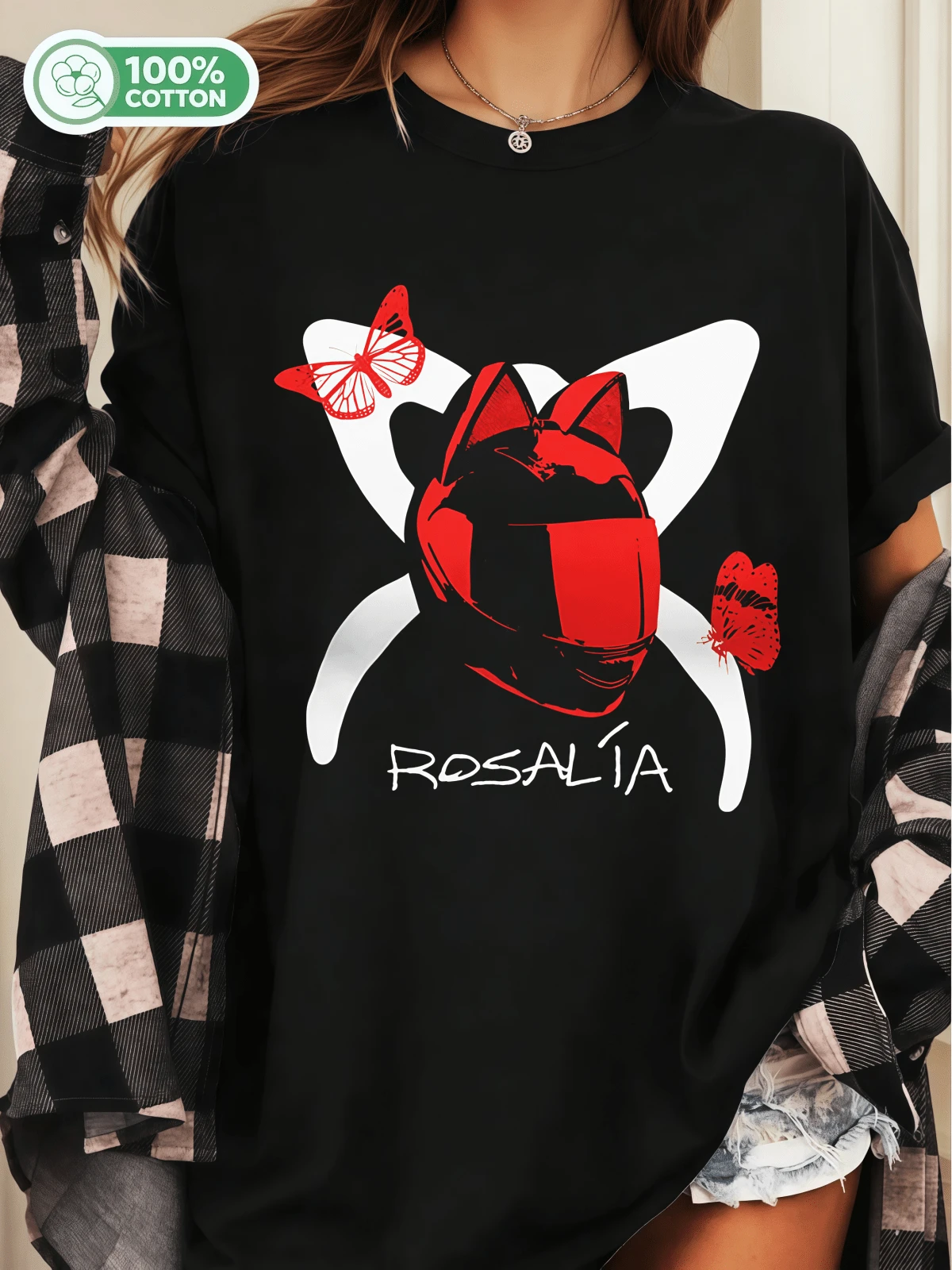 Motomami T-Shirt Cat Helmet Butterfly Latin Music Tee - Black - View 1