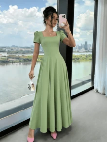 Long Dress With Short Sleeves, Square Neckline, Solid Color, Elegant, Sizes S M L - 檸檬綠 - 查看 1