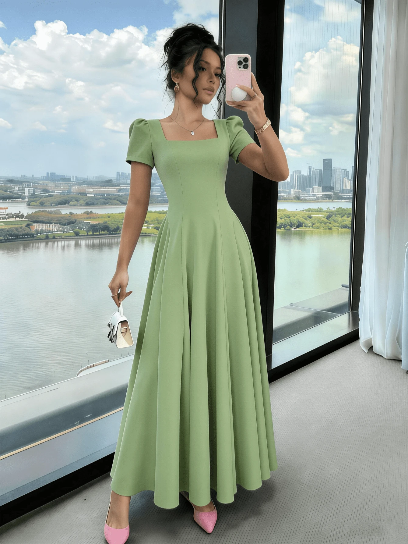 Long Dress With Short Sleeves, Square Neckline, Solid Color, Elegant, Sizes S M L - 檸檬綠 - 查看 1