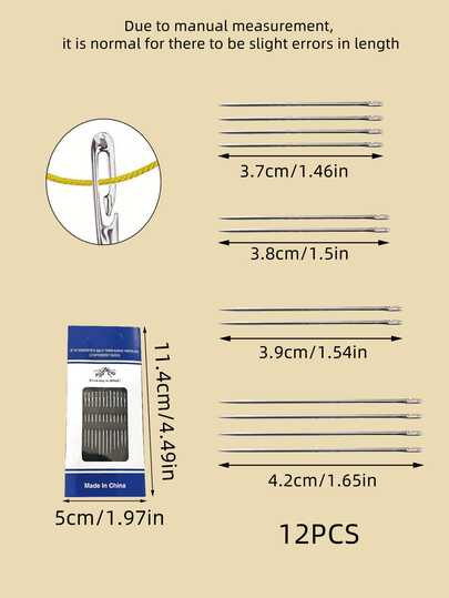 Bộ 12 kim may tay kiểu nạp chỉ bên hông, gồm 4 kích cỡ: 3.7cm, 3.8cm, 3.9cm, 4.2cm, tương thích với chỉ thêu mảnh, chỉ dày, chỉ may gia dụng. Thiết kế nạp chỉ bên hông giúp dễ dàng luồn chỉ, phù hợp cho người mới bắt đầu và người lớn tuổi.