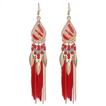 1 par de pendientes con cadena de plumas naturales y lágrima esmaltada para mujeres - Verde Oscuro - Ver 9