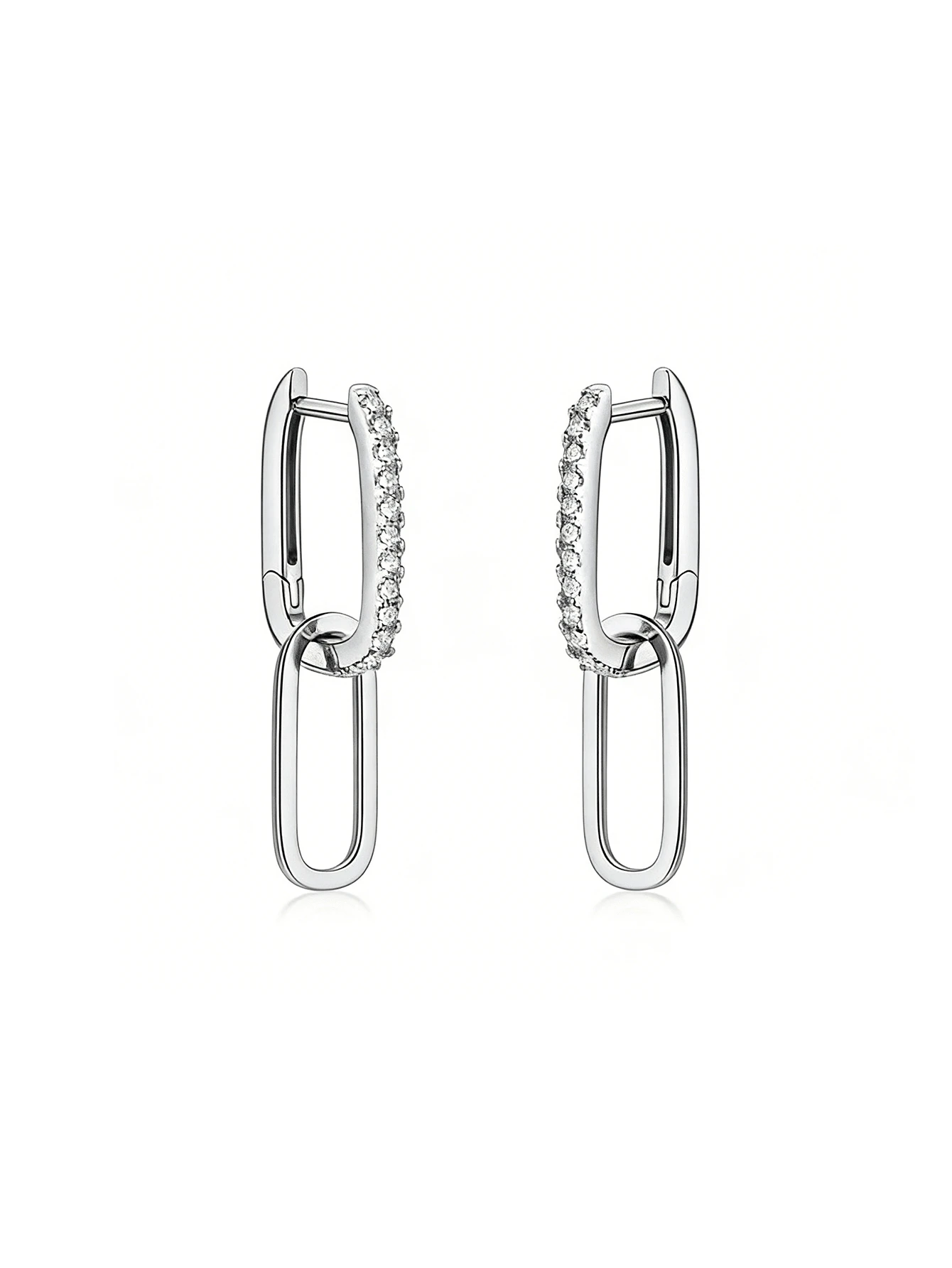 S925纯银双环立方氧化锆耳环，夸张的凹槽设计，法式优雅魅力耳环 - 銀色 - 查看 1