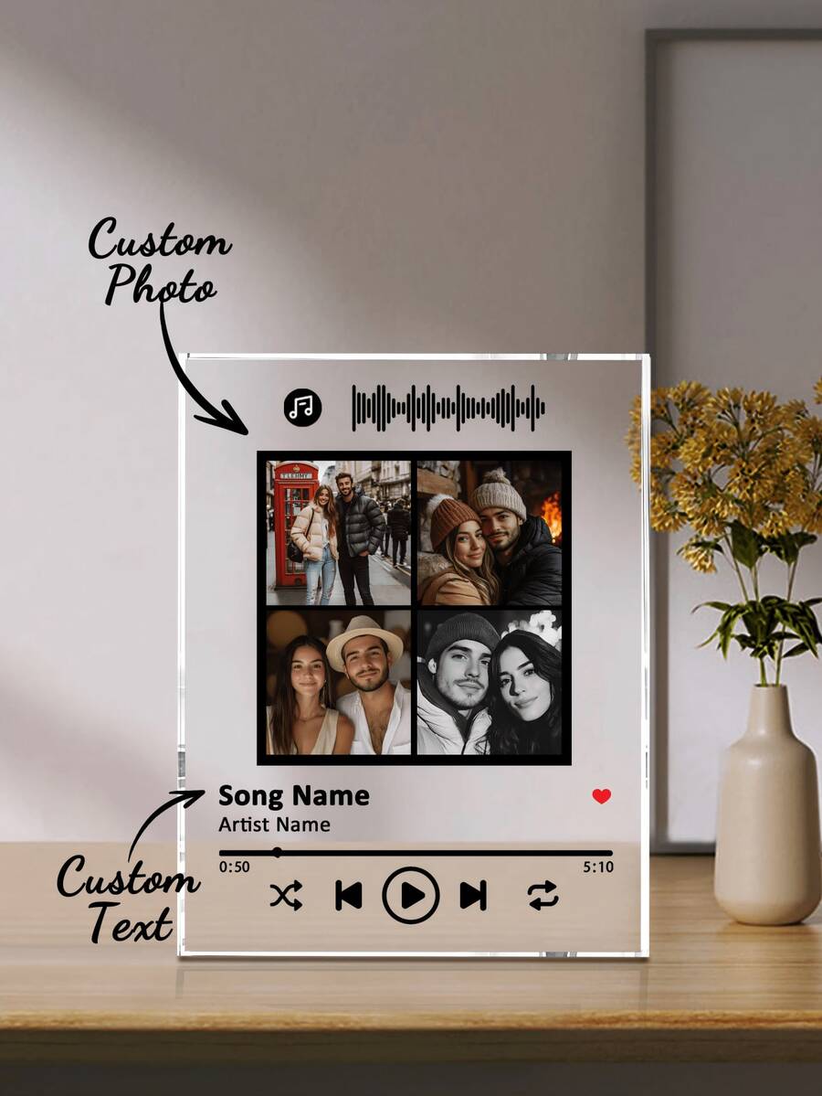 1件定制Spotify纪念牌，情侣照片纪念牌，个性化照片纪念牌，情侣歌曲音乐纪念牌，个性化相框家居装饰，专辑封面歌曲纪念牌，送给女性的独特礼物，音乐艺术浪漫礼物，周年纪念礼物，情人节礼物，生日礼物，母亲节礼物，父亲节礼物，送给闺蜜的礼物，送给父母的最佳礼物 - 12*16 四格無低音音樂 - 查看 1
