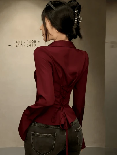 优雅女士纯色衬衫，独特的后背系带和前襟纽扣设计 - 长袖，适合所有季节