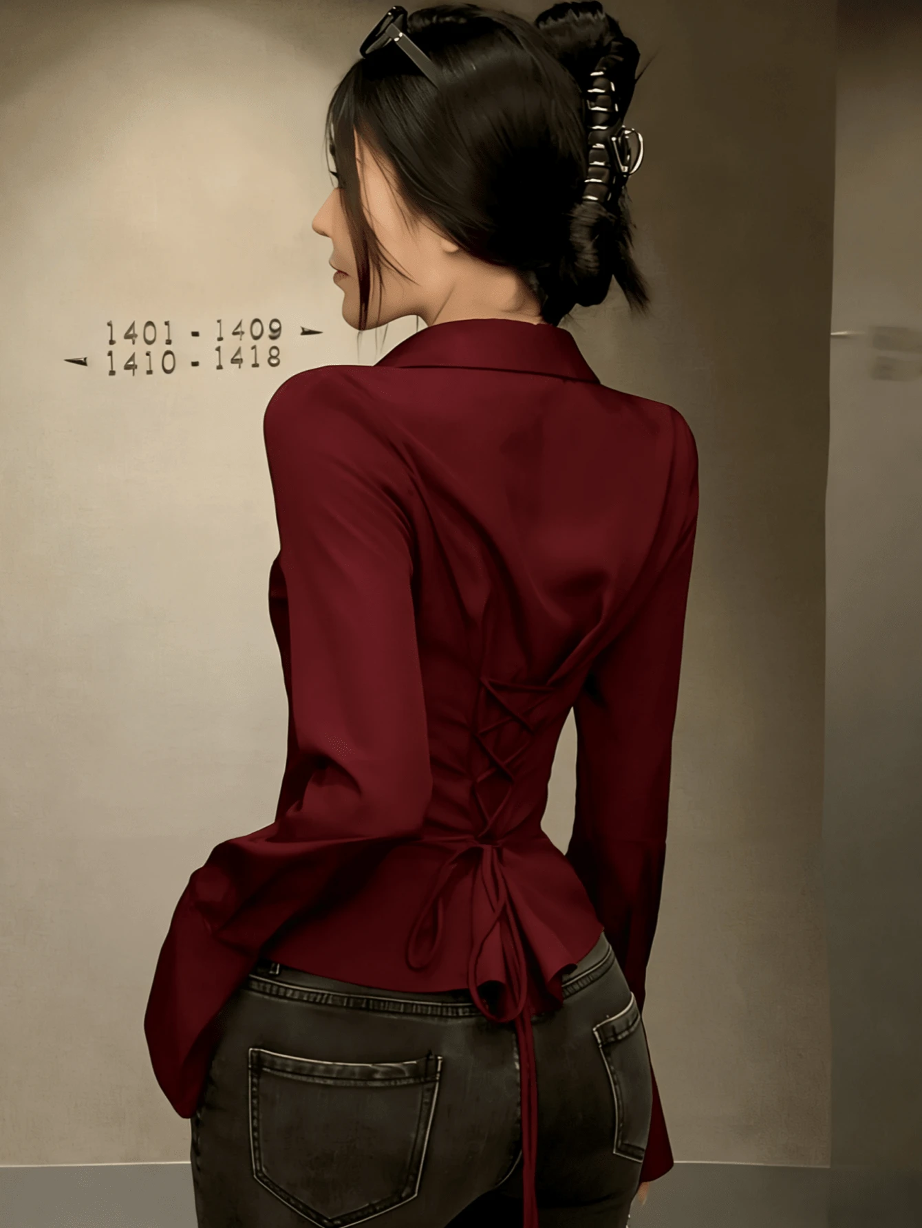 Elegant Women's Solid Color Shirt With Unique Back Tie And Front Button Details - Long Sleeve, Suitable For All Seasons Spring - Red - View 1