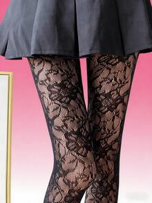 1件装女士提花网眼丝袜，优雅法式风格高弹力连裤袜，夏季 - 黑色 - 查看 7