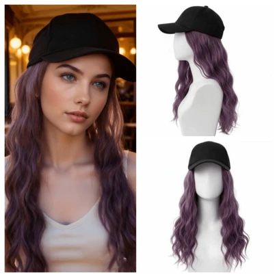 Peluca larga y recta de color púrpura sedoso y ondulado, capucha todo en uno portátil, adecuada para uso diario y cosplay