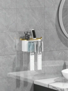 1 Set Toothbrush Holder With 2 Or 3 Or 4 Cups And Toothpaste Squeezer, Creative Bathroom Wall-Mounted Organizer For Brushing Teeth And Storage.The Color Of The Cup Is Random And May Not Match The Color In The Rendering, Which Is A Normal Phenomenon - Multicolor - View 4