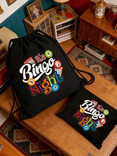 Bingo Night Drawstring Backpack - Drawstring Backpack & Zipper Pouch, Portable Canvas Day Bag, Simple And Large Capacity Wash Bag, Portable Cosmetic Storage Bag, Perfect For Travel, Storing Brushes, Cosmetics, And Skincare Products, Suitable For Game Night, Party Favors,Travel, Yoga, Gym, Camping, And Hiking,A Great Gift For Family, Friends, Or Loved Ones, Or Even A Christmas Gift