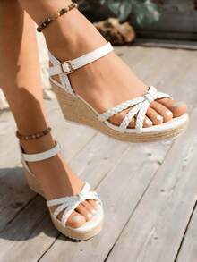 Fashionable Women's Wedge Heel Thick Soled Sandals Solid Color Woven Open Toe Metal Buckle Strap Summer Vacation Beach Shoes - trắng - Xem 1