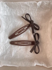 2个咖啡色皮革蝴蝶结简约发夹，百搭甜美刘海及碎发配饰 - 咖啡棕2pcs - 查看 9