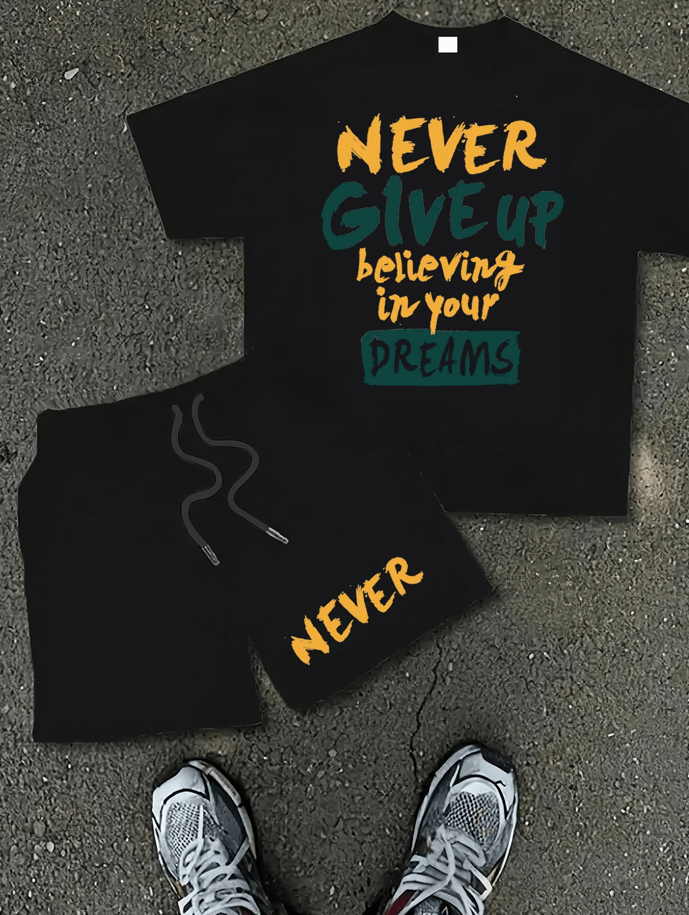 1PCKnitted Men's Two-Piece T-Shirt And Shorts Set For Everyday Comfort And Style Never Give Up Print Set,L Vintage Shirts Graphic Tees Men Camisas Para Hombre Funny Shirts Printed & Shipped In USA Men Tops For Summer,Vintage Gothic Cross & Letter Print, Cotton Loose Fit Short Sleeve Tee | Graphic Tee, Men's Heavyweight Cotton T-Shirt, Solid Color Short Sleeve Crewneck Tee, Relaxed Fit For Casual & Everyday Wear | Men's Fashion, Basic Tee, Plain T-Shirt, Cotton, Streetwear, Minimalist, Summer Top, Wardrobe Staple, High Quality, Solid Tee,Graphic Tees, Oversized T-Shirt, Polo Shirt, Button Up Shirt, Vintage Graphic Tee, Streetwear Tops, Waffle Knit Shirt, Men's Henley, Linen Shirt, Basic Tee - Black T-shirt + black shorts - 查看 1