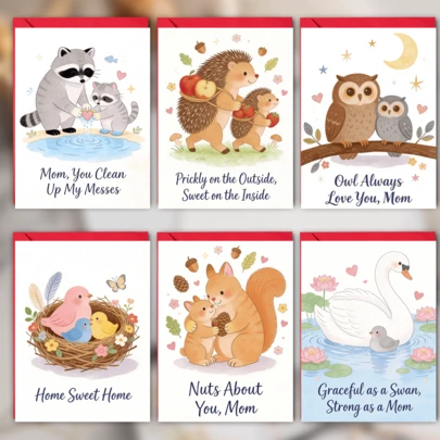 12 Pcs Mothers Day Animal Themed Greeting Cards With Envelopes, Cute Wildlife Design Cards For Adults To Send Heartfelt Wishes To Mom On Mothers Day Birthdays And Anniversaries, Adorable Hedgehog Raccoon Owl Bird Squirrel And Swan Illustrations For Expressing Love And Gratitude, Perfect For Personalized Messages And Memorable Gift Giving To Celebrate The Special Bond With Mom (6 Cards & 6 Envelopes)