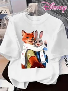 Authentic Disney Zootopia Character Fox And Rabbit Dressed In Human Costumes Making A V-Sign Cartoon Design. New Summer Short-Sleeved T-Shirt For Women, Casual And Stylish Printed. - 白色 - 查看 1