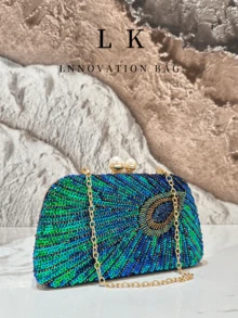 1个闪亮复古亮片装饰手拿包，经典孔雀羽毛图案晚宴手提包，女士闪亮斜挎包，适合晚宴、婚礼、宴会等正式场合，也可作为情人节礼物送给女性。 - 水鴨藍 - 查看 3