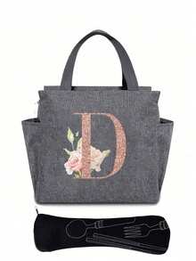 Personalized Initial Recognition Grey Insulated Lunch Bag - Canvas Thermal Lunch Tote, Zipper Closure, Large Capacity Aluminum Foil Lining, Suitable For Work And School Use, Portable Handheld Lunch Bag, Food Cooler Bag, Ideal For Work, School, Travel, And Women's Day Gift. Lightweight Reusable, Splash-Proof, Suitable For Picnics, Office, School And Outdoor Activities - Easy To Clean, Water-Resistant, Compact Design. - Grey - View 34