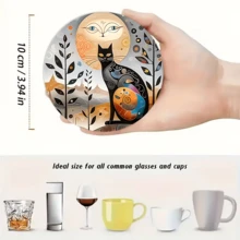 Style d'art abstrait "Chat et Lune" Dessous de verre rond, combinant l'art décoratif abstrait et le surréalisme. Les couleurs principales sont l'or, l'orange, le bleu et le noir. Les formes géométriques, les motifs en spirale et la lune anthropomorphe créent une atmosphère mystérieuse de "l'esprit du chat sous la lune". Les taches du chat et les caractéristiques de la lune anthropomorphe ajoutent un effet de "filtre artistique fantastique". - Dessous de verre rond en planche de bois - Voir 7