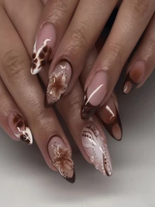 24 Pieces Of Milk Coffee Brown Hand-Painted Nail Art, With Three-Dimensional Hand-Painting, Delicate Petal Textures, Exquisite Embossed Texture, And Rich Deep Brown Gradient Layers. It Is An Elegant Style Suitable For Dates, Commuting, And Light Social Occasions, Bringing A Sense Of Sophistication To All Scenarios. - Rust Brown - View 3