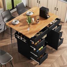 Modern Kitchen Island Table, Cabinets, Retractable Kitchen Cart With Wheels And Worktop, Dining Cart With Spice Rack And 8 Drawers, Black - B - View 1