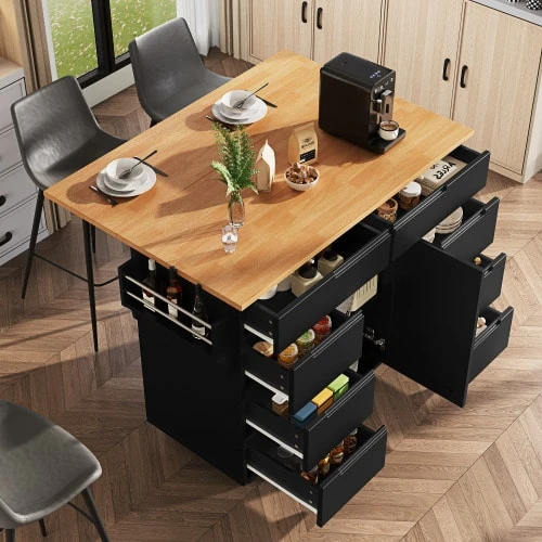 Modern Kitchen Island Table, Cabinets, Retractable Kitchen Cart With Wheels And Worktop, Dining Cart With Spice Rack And 8 Drawers, Black - B - View 1