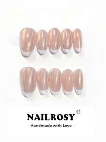 nailrosy 10件裝白色杏仁形法式美甲貼片 | 短杏仁形可重複使用假指甲 | 優雅極簡手工壓克力美甲套組 | 婚禮美甲 | 可愛美甲 | 送給女性的禮物，日常必備美甲，夏季 7 月 4 日婚禮畢業舞會水鑽美甲 - 杏色 - 查看 1
