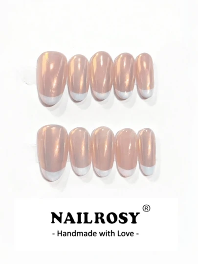 nailrosy 10片金色法式美甲贴片 | 短款椭圆形可重复使用假指甲 | 简约优雅手工亚克力美甲套装 | 婚礼美甲 | 可爱美甲 | 送她的礼物，必备美甲，日常美甲，水钻手工美甲贴片