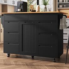 Modern Kitchen Island Table, Cabinets, Retractable Kitchen Cart With Wheels And Worktop, Dining Cart With Spice Rack And 8 Drawers, Black - B - View 8