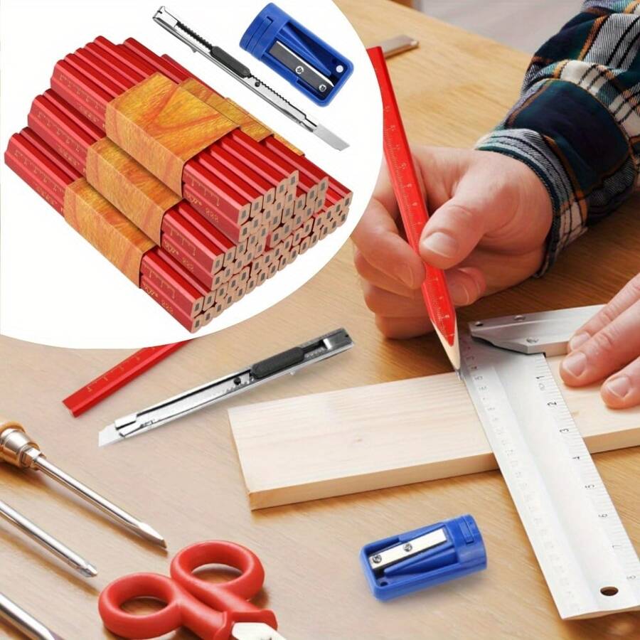 60pcs Wooden Writing Pencils Have Convenient And Fast They Come In Red Octagonal Retro Color With A Pencil Sharpener, Suitable For Drawing, Marking, And Writing - 60PCS - View 1
