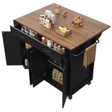 Kitchen Island Table, Dining Cart With Pull-Out Countertop, Cabinet, Kitchen Cart, Kitchen Island Table Cart, Four-Door, Two-Drawer Dining Cart, Dining Cart With Wood Finish, Black - B - View 9