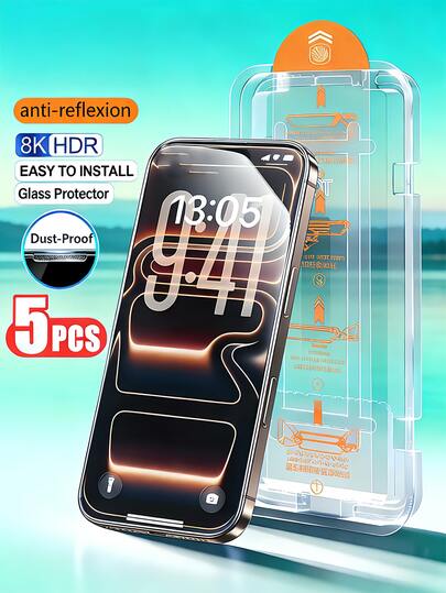 5PCS Ultra High Definition One Click Dust-Free Installation Tempered Glass Film Compatible With IPhone 17 Pro Max 16 15 14 Plus 13 12 11 Series 9H Silk Screen High Aluminum High-Strength Screen Protection Film, Explosion-Proof And Scratch Resistant Tape, Headphone Dust Net, Automatic Adsorption And Easy Installation