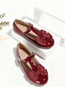 Girls' T-Strap Mary Jane Shoes With Bow Decor, Suitable For Performances And Special Occasions - Red - View 1