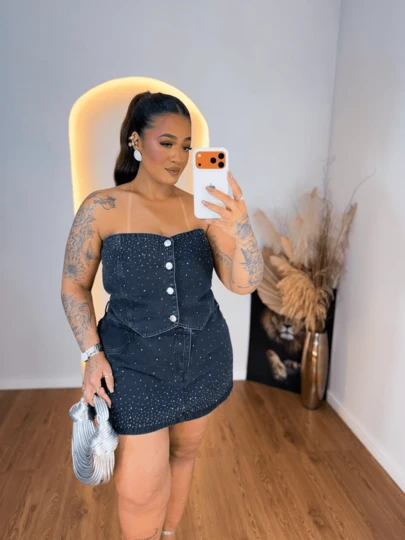 Cropped plus size jeans botão tomara que caia blusa feminina corselet Cropped tomara que caia