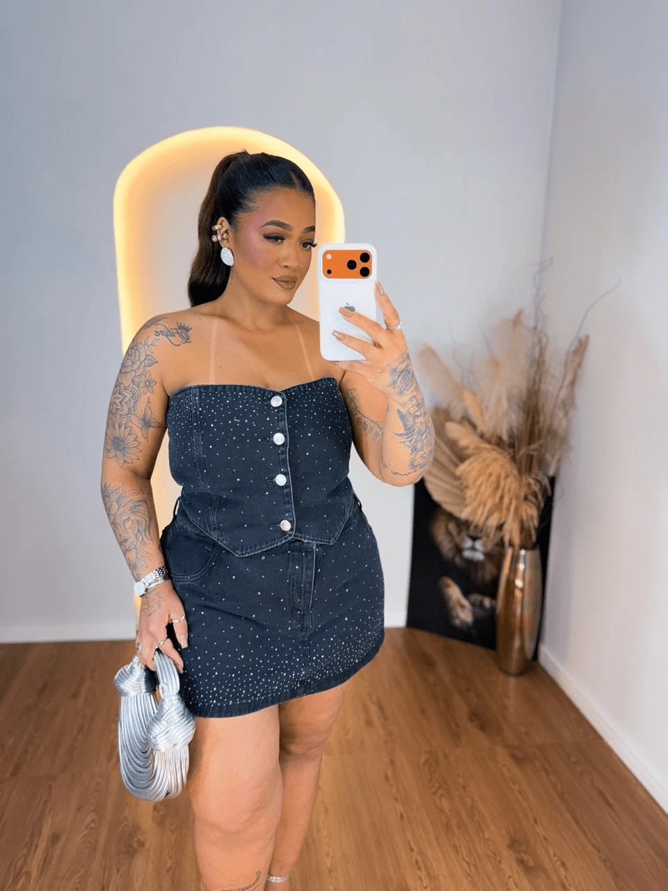 Cropped Plus Size Jeans Strapless Button-Down Blouse, Women's Corset. - màu đen - Xem 1