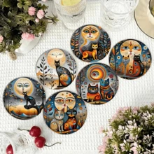 Style d'art abstrait "Chat et Lune" Dessous de verre rond, combinant l'art décoratif abstrait et le surréalisme. Les couleurs principales sont l'or, l'orange, le bleu et le noir. Les formes géométriques, les motifs en spirale et la lune anthropomorphe créent une atmosphère mystérieuse de "l'esprit du chat sous la lune". Les taches du chat et les caractéristiques de la lune anthropomorphe ajoutent un effet de "filtre artistique fantastique". - Dessous de verre rond en planche de bois - Voir 1