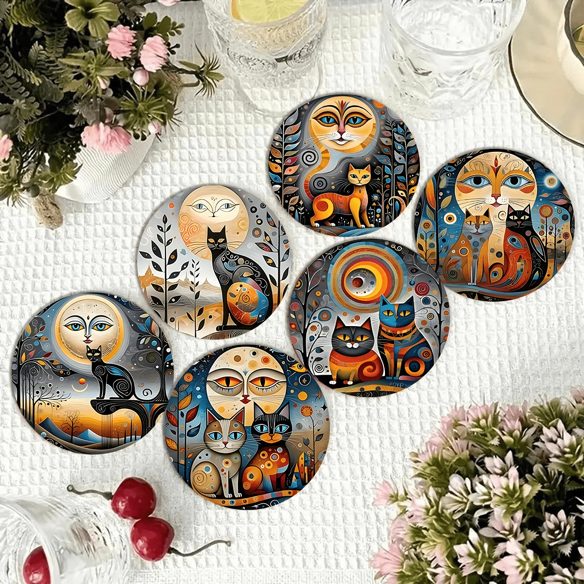 Style d'art abstrait "Chat et Lune" Dessous de verre rond, combinant l'art décoratif abstrait et le surréalisme. Les couleurs principales sont l'or, l'orange, le bleu et le noir. Les formes géométriques, les motifs en spirale et la lune anthropomorphe créent une atmosphère mystérieuse de "l'esprit du chat sous la lune". Les taches du chat et les caractéristiques de la lune anthropomorphe ajoutent un effet de "filtre artistique fantastique". - Dessous de verre rond en planche de bois - Voir 1