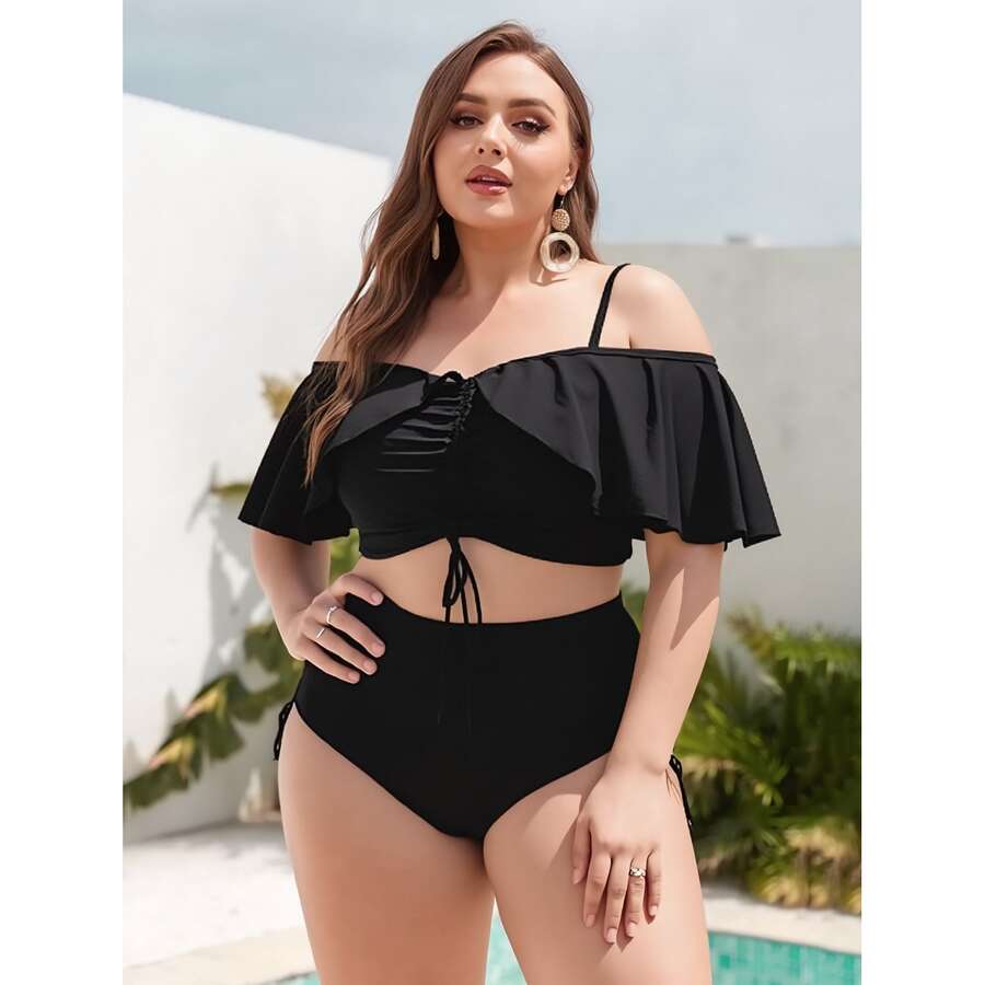 Plus Size Bikini- Black Off Shoulder Ruffle Swimsuit For Women, Drawstring Swimwear, Adjustable Two Piece Bathing Suit,& Larger Sizes - Multicolor 1330 - View 1