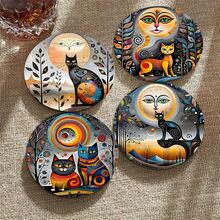 Style d'art abstrait "Chat et Lune" Dessous de verre rond, combinant l'art décoratif abstrait et le surréalisme. Les couleurs principales sont l'or, l'orange, le bleu et le noir. Les formes géométriques, les motifs en spirale et la lune anthropomorphe créent une atmosphère mystérieuse de "l'esprit du chat sous la lune". Les taches du chat et les caractéristiques de la lune anthropomorphe ajoutent un effet de "filtre artistique fantastique". - Dessous de verre rond en planche de bois - Voir 5